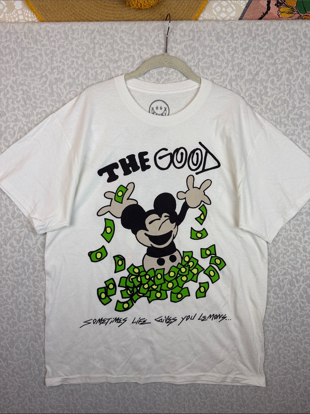 NEW White Tee The Good and Bad Money Graphic T-shirt front/back Sz. L cotton